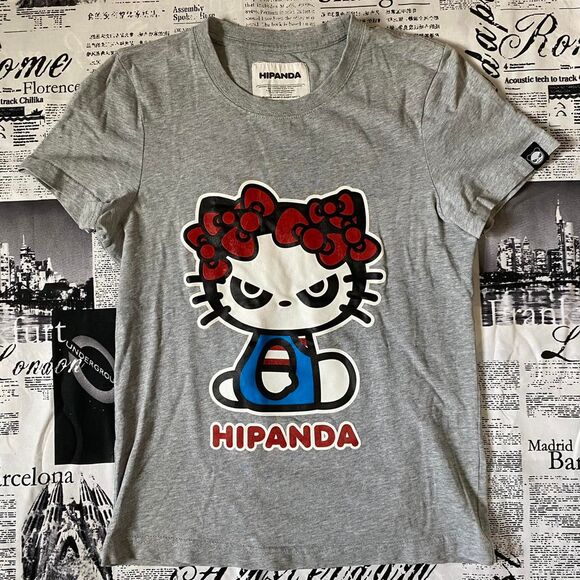 Hello Kitty Tops - Hello-kitty Hi Panda Women's Grey and White T-shirt